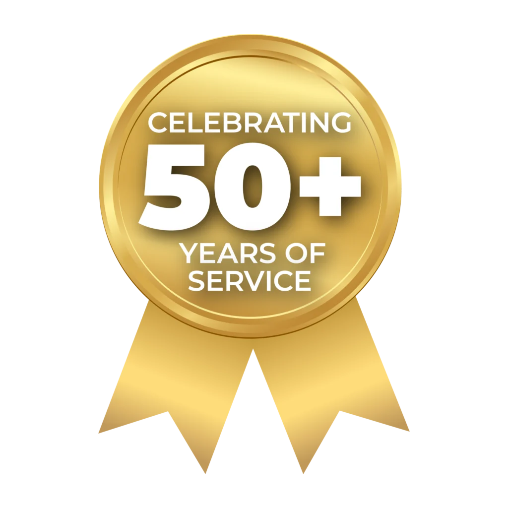 Gold ribbon showing celebrating 50 plus years in service